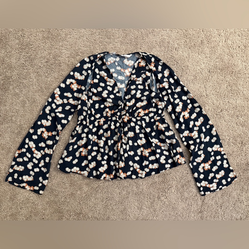 Zara Blouse Women size Large Navy Floral Orange Retro Cut Out Long Sleeve Top